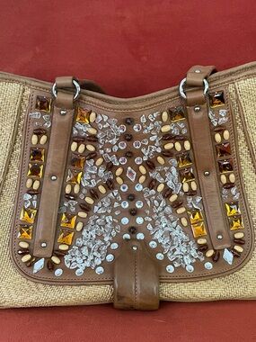 Cole Haan Sydney Straw and Leather Jeweled Bag